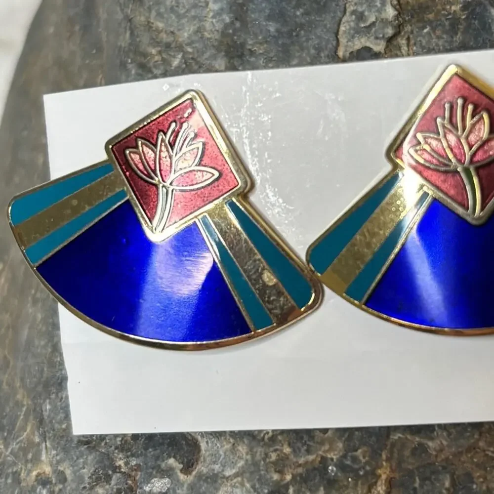 Laurel Burch Vintage 90s Lotus Flower Enamel Cloisonné Fan Earrings